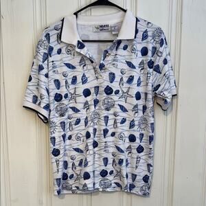 Paradise Bay Misses M vintage blue white nautical shell print collared shirt